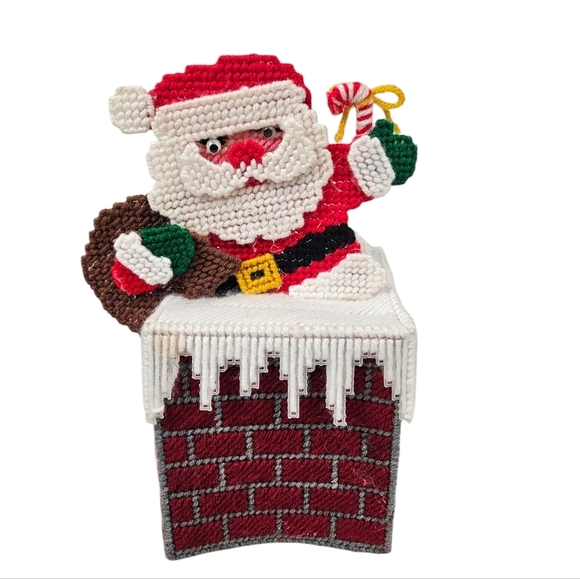Vintage Handmade Red 3D Christmas Santa in Chimney Needlepoint Tissue Box Cover - Picture 9 of 9